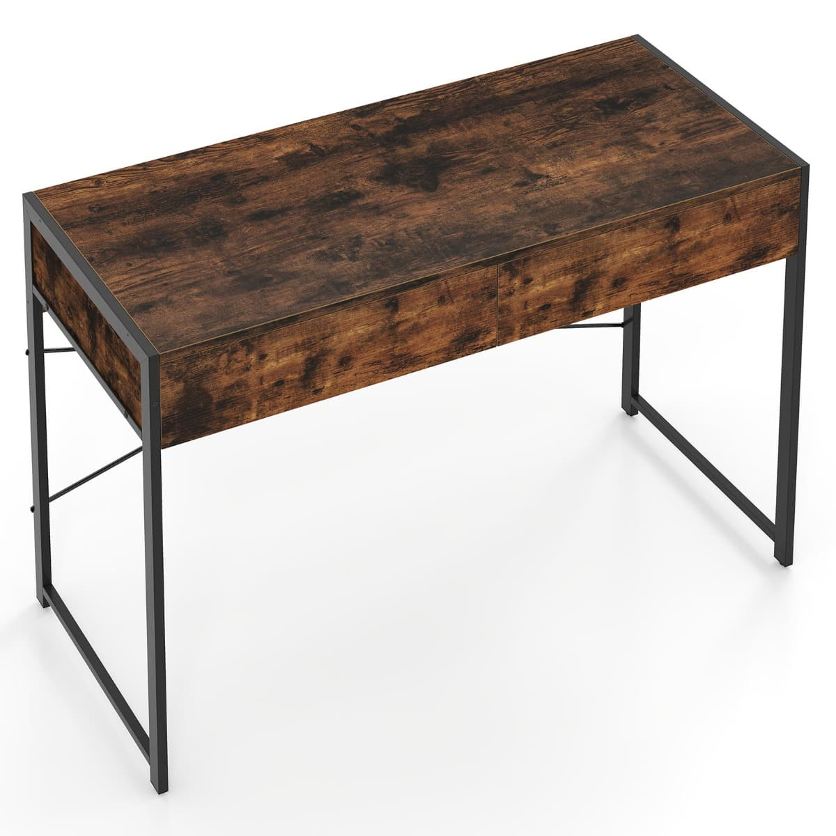 CostwayBureau Informatique avec 2 Tiroirs Bureau de Rédaction Compact avec Cadre Métallique Robuste Table de Travail Polyvalente Brun Rustique