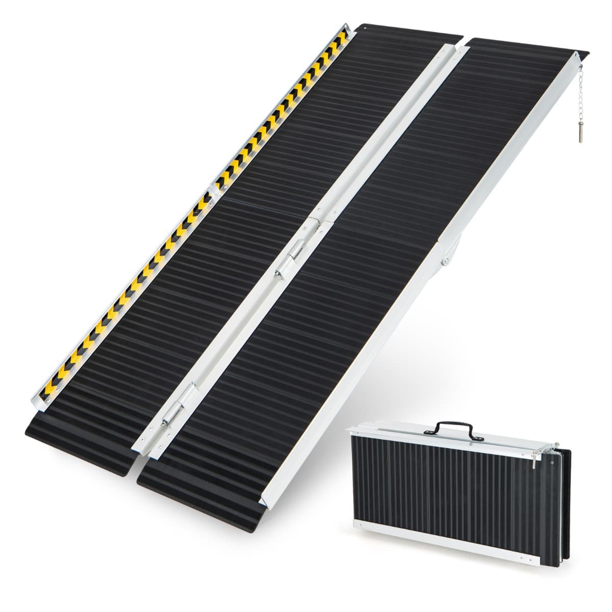 CostwayRampe D’accès en Aluminium avec Plaque de Transition et Surface Antidérapante Autocollants D'avertissement Réfléchissants Rampe de Seuil pour
