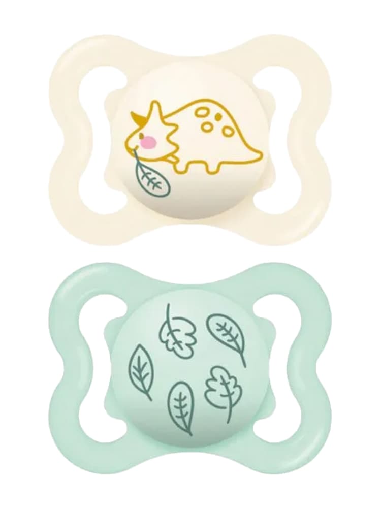 MAM Sucette Suprême - 2-6 Mois - Silicone - X2 - Modèle : Tricératops et Feuilles