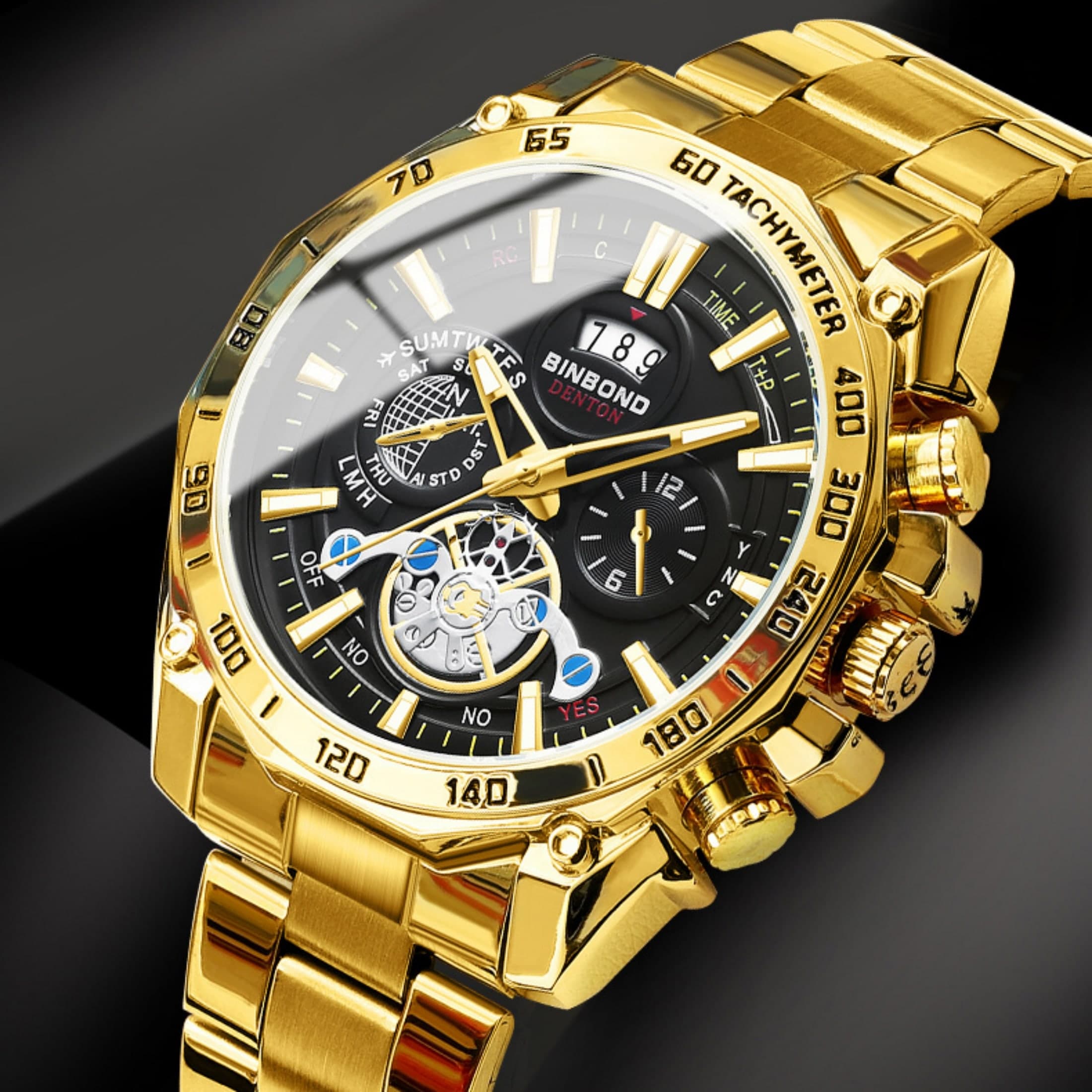 1 pièce Montre pour hommes de style commercial avec bracelet en acier inoxydable doré, grand cadran, indicateurs de pointeur, calendrier, mouvement
